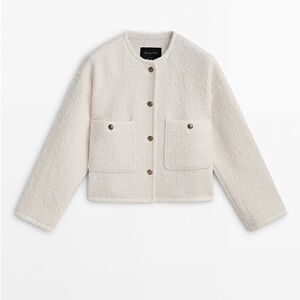 MASSIMO DUTTI CREAM WOOL ALPACA BOUCLE TEXTURED CROPPED JACKET ELEGANT OFFICE XS
